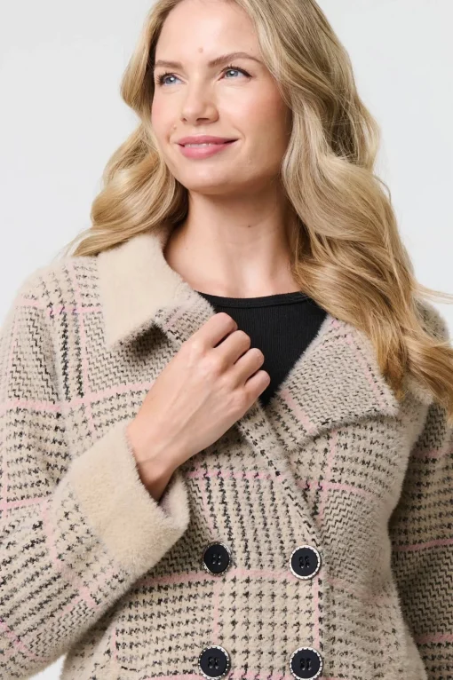 Checked Button Front Thigh Length Trench Coat