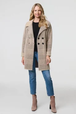 Checked Button Front Thigh Length Trench Coat