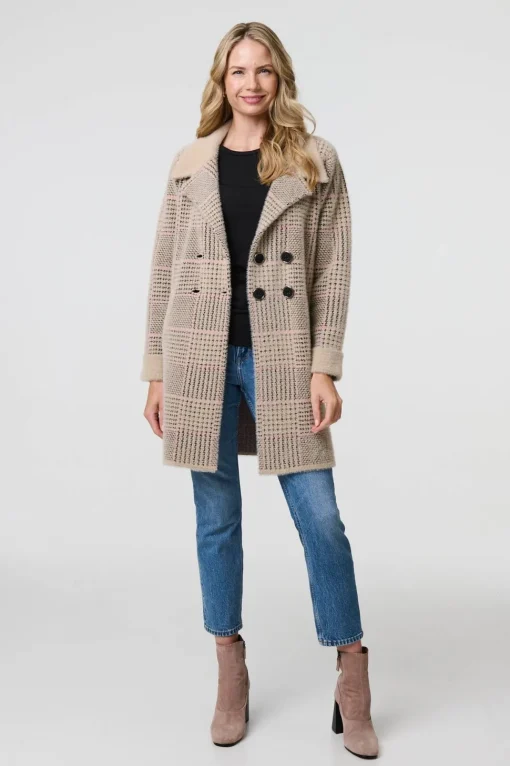 Checked Button Front Thigh Length Trench Coat