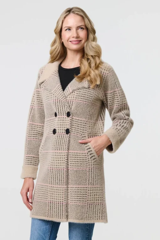 Checked Button Front Thigh Length Trench Coat