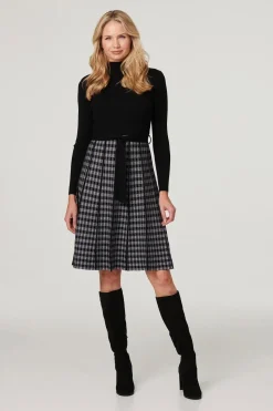 Checked High Neck Knit Dress