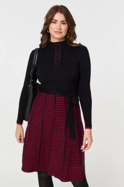 Checked Pleated Knee Length Jumper Dress