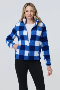 Checked Print Teddy Fur Zip Front Jacket