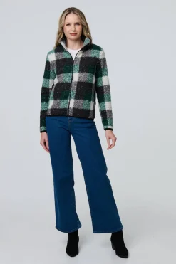 Checked Zip Front Boxy Teddy Jacket