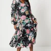 Chiffon Blouson Midi Dress With Ruffles