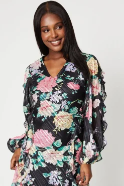 Chiffon Blouson Midi Dress With Ruffles