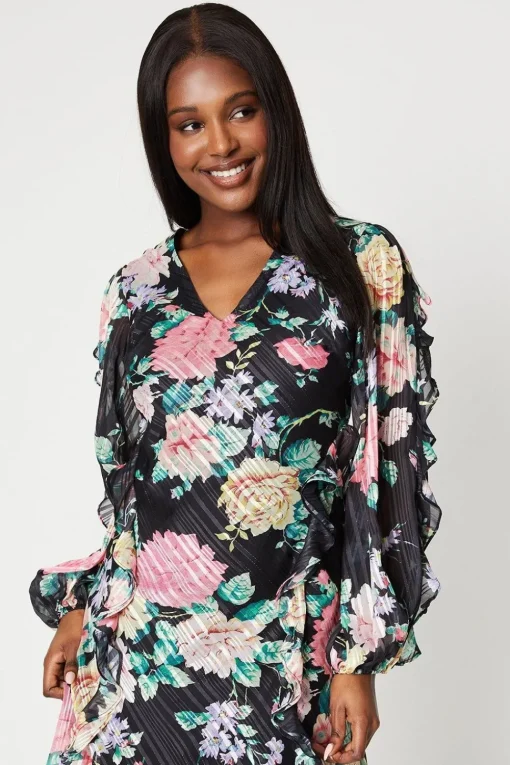 Chiffon Blouson Midi Dress With Ruffles