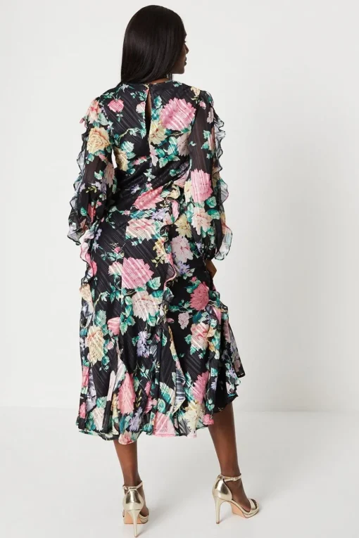 Chiffon Blouson Midi Dress With Ruffles