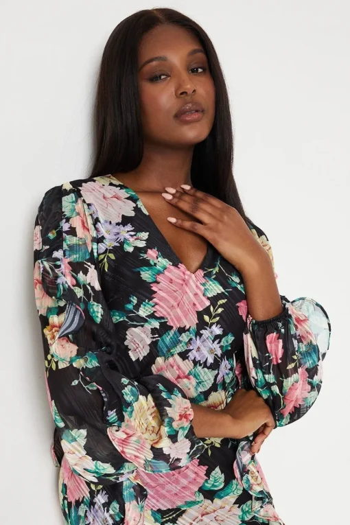 Chiffon Blouson Midi Dress With Ruffles