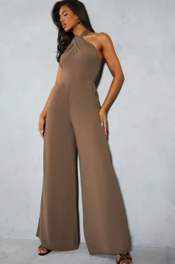 Chiffon Knot Detail Halterneck Wide Leg Jumpsuit