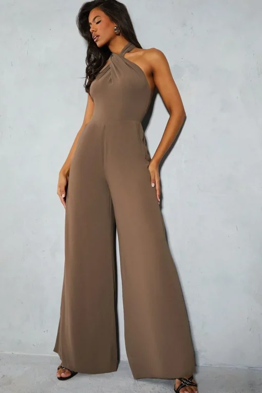 Chiffon Knot Detail Halterneck Wide Leg Jumpsuit