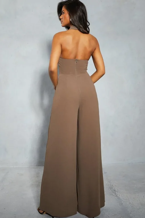 Chiffon Knot Detail Halterneck Wide Leg Jumpsuit