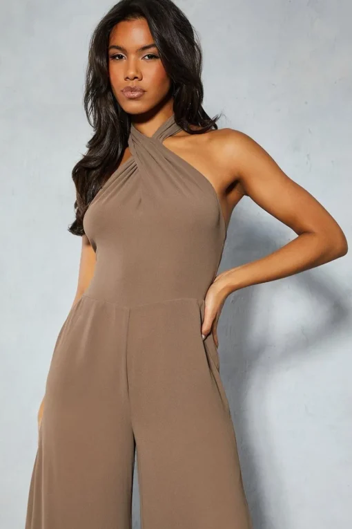 Chiffon Knot Detail Halterneck Wide Leg Jumpsuit