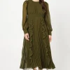 Chiffon Long Sleeve Ruffle Midi Wedding Guest Dress