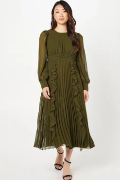 Chiffon Long Sleeve Ruffle Midi Wedding Guest Dress