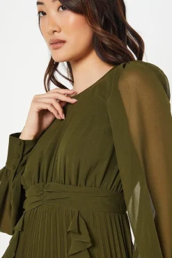 Chiffon Long Sleeve Ruffle Midi Wedding Guest Dress