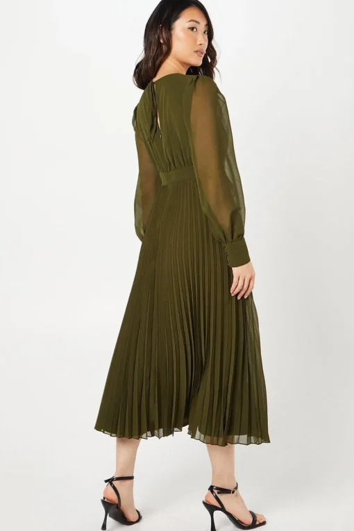 Chiffon Long Sleeve Ruffle Midi Wedding Guest Dress