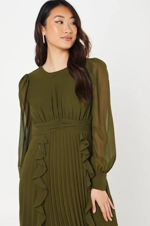 Chiffon Long Sleeve Ruffle Midi Wedding Guest Dress