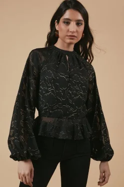 Chiffon Metallic Jacquard Keyhole Blouse