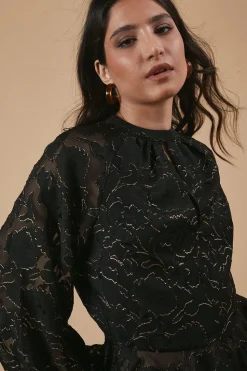 Chiffon Metallic Jacquard Keyhole Blouse