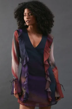 Chiffon Ombre Ruffle Detail Tie Sleeve Mini Dress