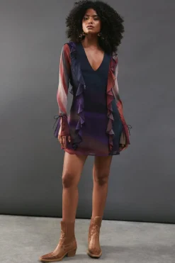 Chiffon Ombre Ruffle Detail Tie Sleeve Mini Dress