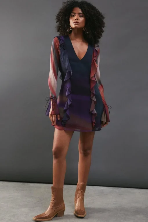 Chiffon Ombre Ruffle Detail Tie Sleeve Mini Dress
