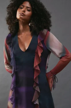 Chiffon Ombre Ruffle Detail Tie Sleeve Mini Dress