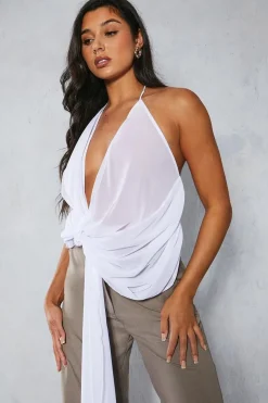 Chiffon Plunge Draped Detail Halterneck Top