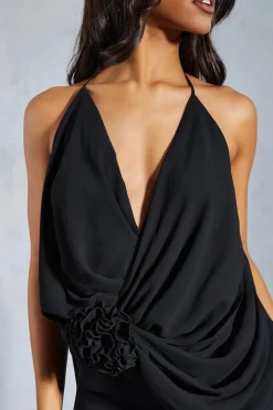 Chiffon Plunge Floral Applique Split Leg Maxi Dress