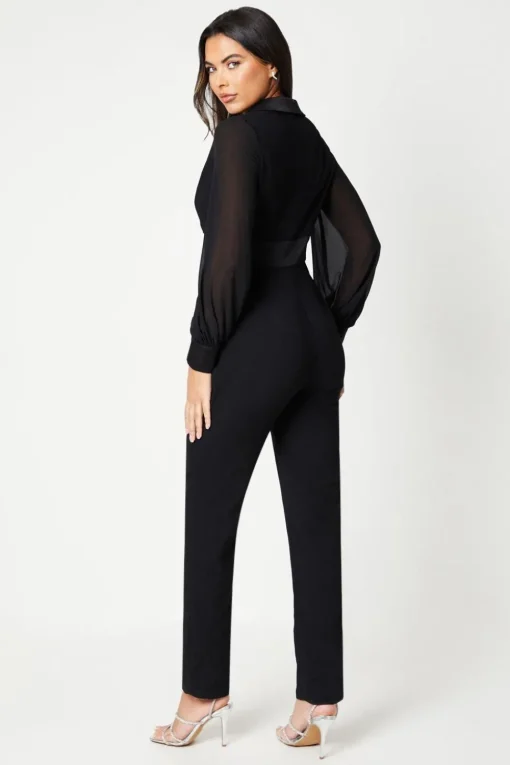Chiffon Sleeve Wrap Front Tuxedo Jumpsuit