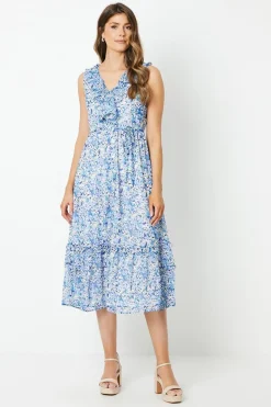 Chiffon Sleeveless Ruffle Waisted Midi Dress