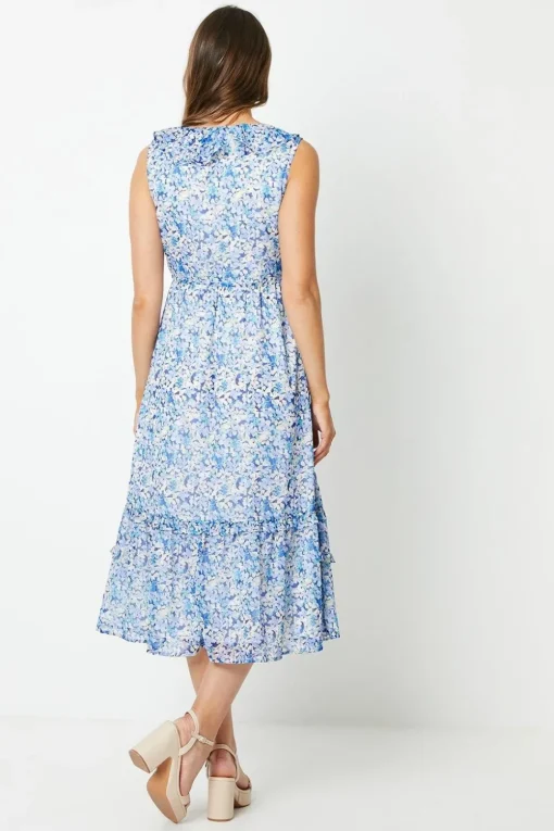 Chiffon Sleeveless Ruffle Waisted Midi Dress