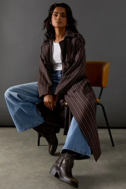 Chocolate Pinstripe Belted Trench Coat