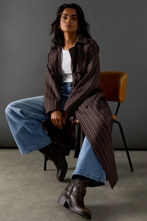 Chocolate Pinstripe Belted Trench Coat
