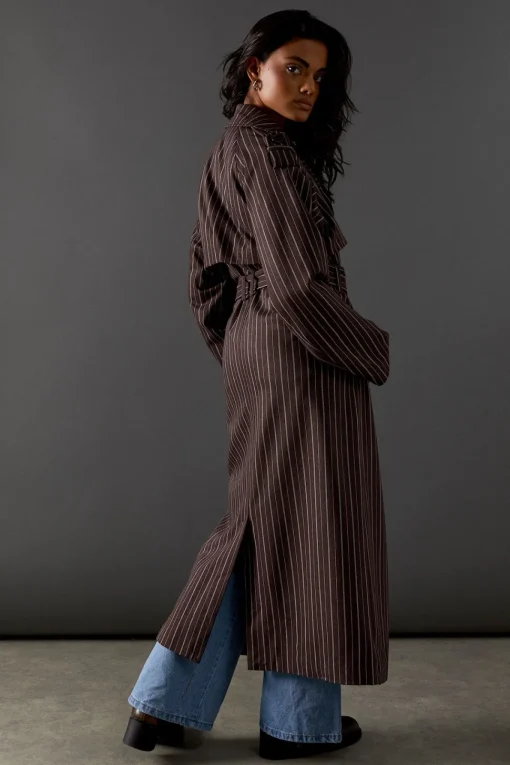 Chocolate Pinstripe Belted Trench Coat