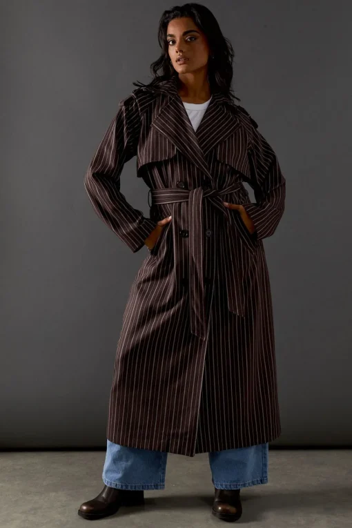 Chocolate Pinstripe Belted Trench Coat