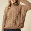Chunky Cable Knit Roll Neck High Low Hem Jumper