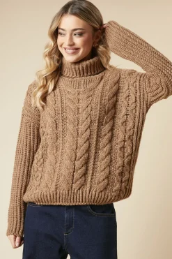 Chunky Cable Knit Roll Neck High Low Hem Jumper
