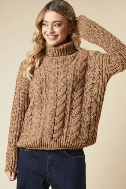 Chunky Cable Knit Roll Neck High Low Hem Jumper