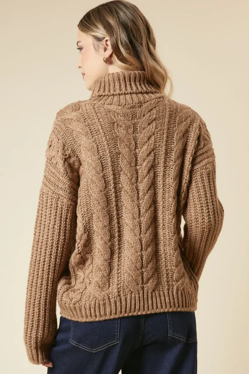 Chunky Cable Knit Roll Neck High Low Hem Jumper