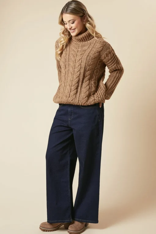 Chunky Cable Knit Roll Neck High Low Hem Jumper
