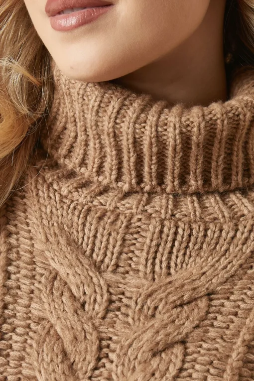 Chunky Cable Knit Roll Neck High Low Hem Jumper