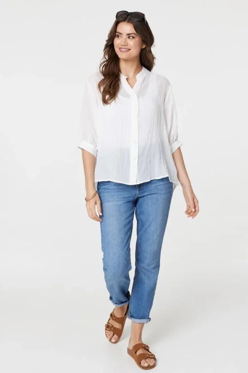 Collarless Button Back 3/4 Sleeve Blouse