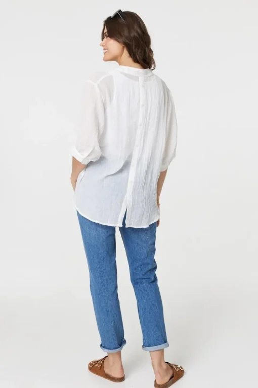 Collarless Button Back 3/4 Sleeve Blouse