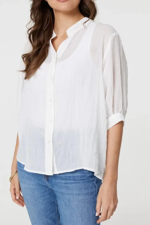 Collarless Button Back 3/4 Sleeve Blouse