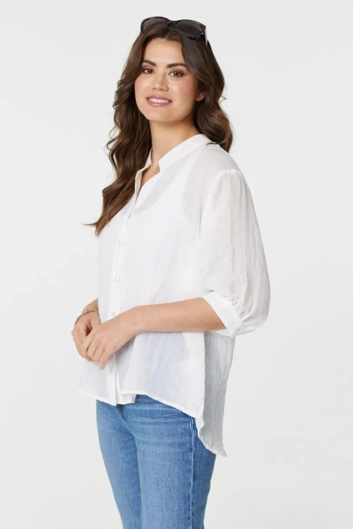 Collarless Button Back 3/4 Sleeve Blouse