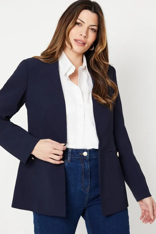 Collarless Button Detail Edge To Edge Jacket