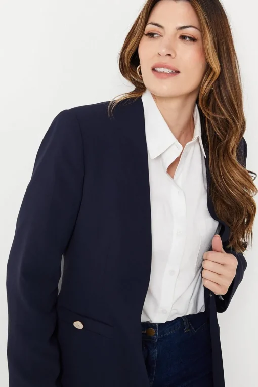 Collarless Button Detail Edge To Edge Jacket