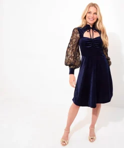 Contrast Embroidered Sleeve Velour Dress